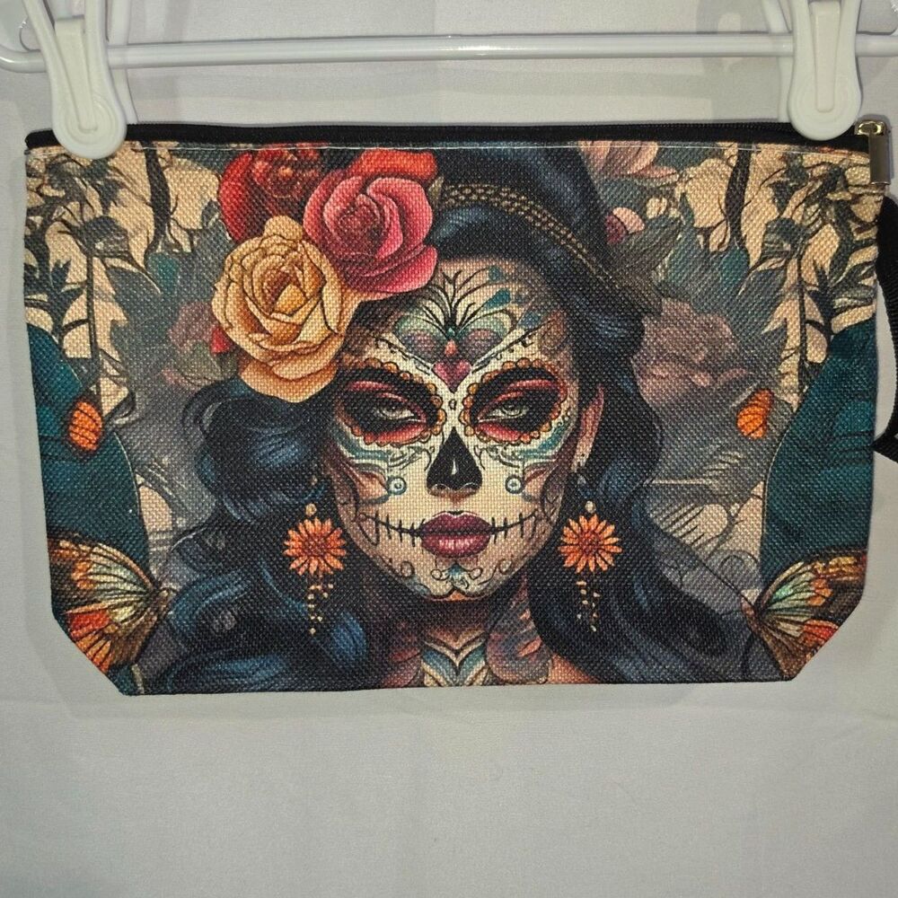 Dia de los Muertos Sugar Skull Makeup Bag Canvas Cosmetic Pouch Wristlet Clutch